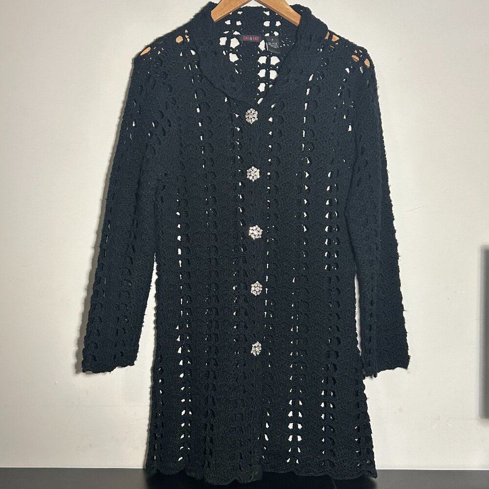 KNIT de KNIT Black Crochet Sweater Coat Midi Length. Rhinestone Snap Size SMALL